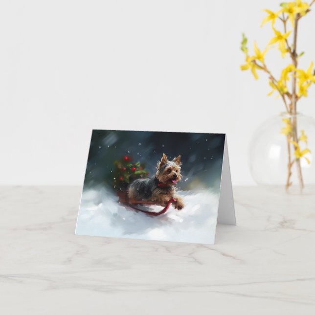 Carte Yorkshire Terrier Noël neige hiver (Fleur jaune)