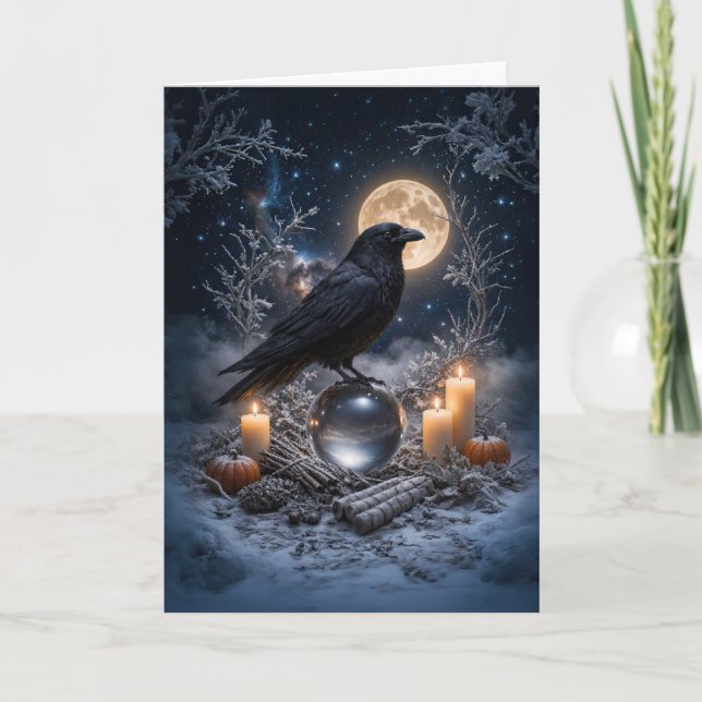Carte Yule du solstice d'hiver avec Raven Snow Crystal  (Devant)