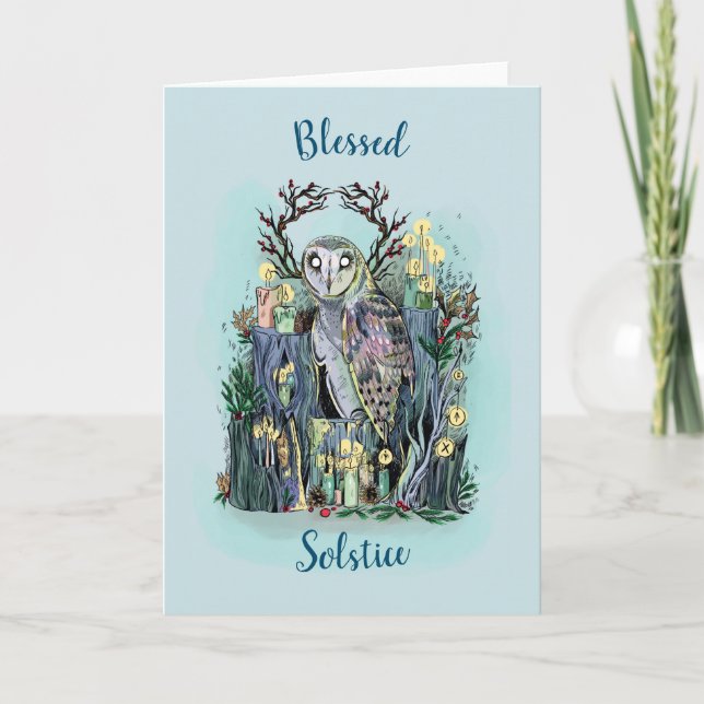 Carte Yule Winter Solstice Chouette À Grange Avec Runes (Devant)