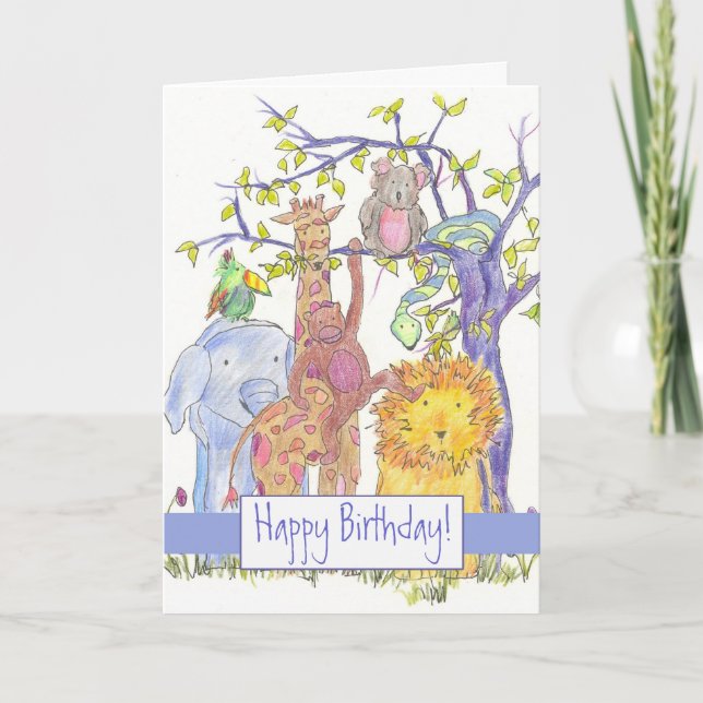 Carte Zoo Animaux Joyeux Anniversaire Giraffe Lion Eléph (Devant)