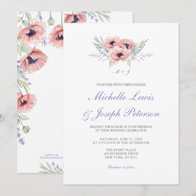 Cartes à Faire-part de mariage florales à aquarell (Devant / Derrière)