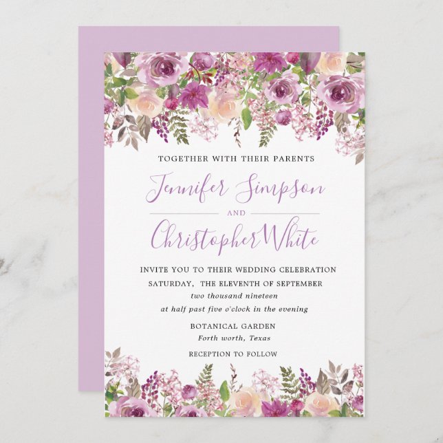 Cartes à Faire-part de mariage florales à l'aquare (Devant / Derrière)