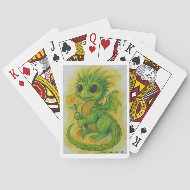 Cartes à jouer Bébé Dragon Vert Apportant Une Fleu (dos)