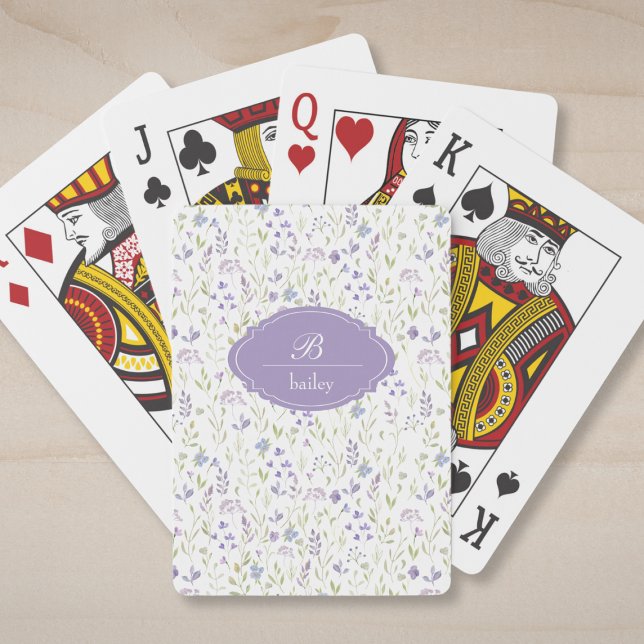 Cartes à jouer classiques à monogramme floral viol (personalized cottagecore purple blue floral pattern monogram cards)