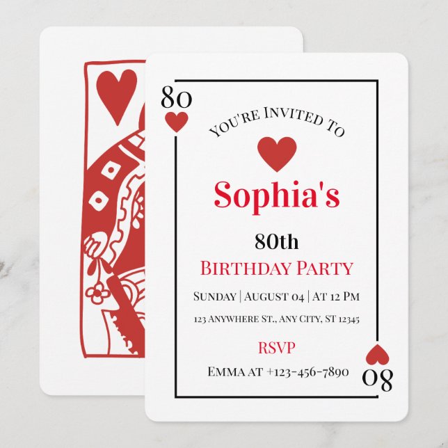 Cartes à jouer Cœurs Invitation pour 80e anniversa (Devant / Derrière)