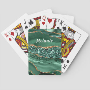 Cartes à jouer en or vert émeraude avec nom person