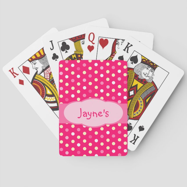 Cartes à jouer rose à pois pour filles avec nom (dos)