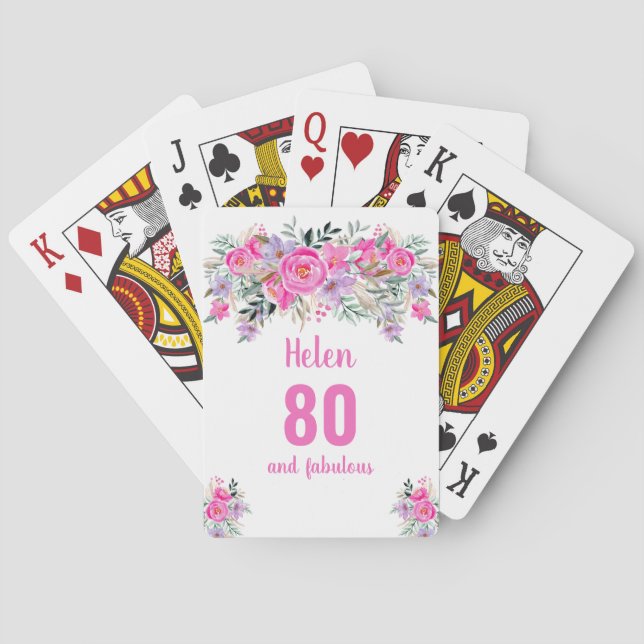 Cartes à jouer rose floral 80e anniversaire (dos)