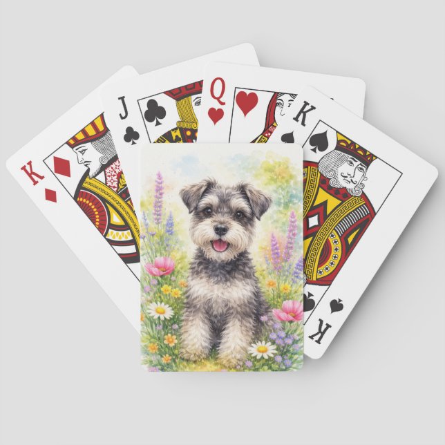 Cartes à jouer Schnauzer chiot et fleur sauvage (dos)