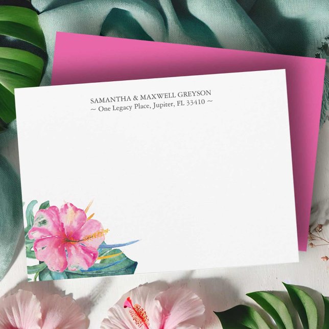 Cartes à notes Customisées de couleur d'aquarelle (Wedding note cards feature watercolor tropical pink hibiscus flower art by Victoria Grigaliunas)