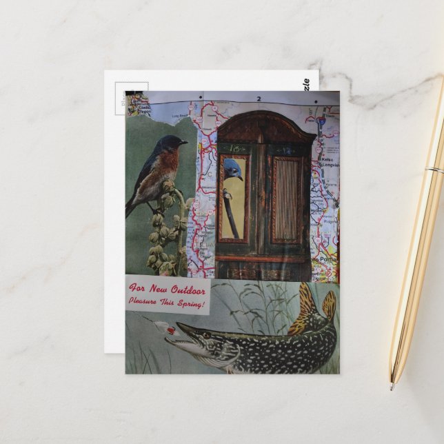Cartes avec Oiseaux et Poissons Collage Rétro (Devant/Arrière en situation)
