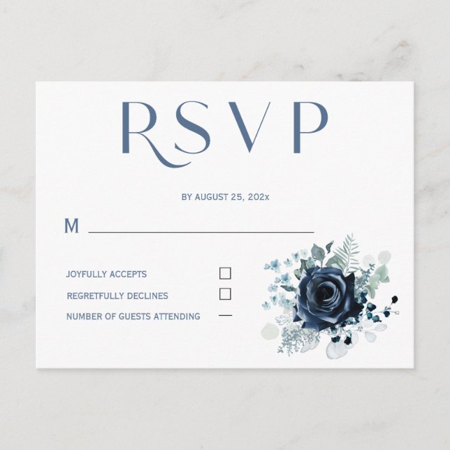 Cartes bleues RSVP personnalisées pour Mariage (Devant)