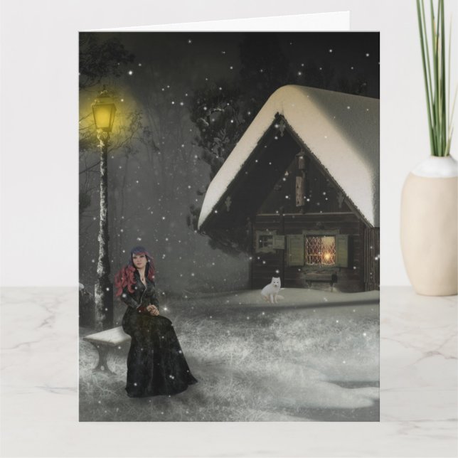 CARTES CABANE D'HIVER NEIGE FILLE PENSE À VOUS (Devant)