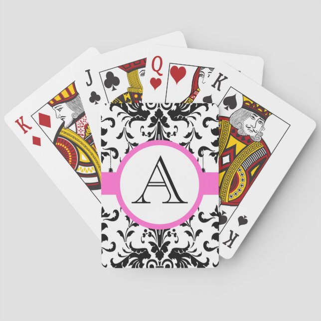 Cartes Carte de jeu Mariage rose monogramme Damask noir (dos)
