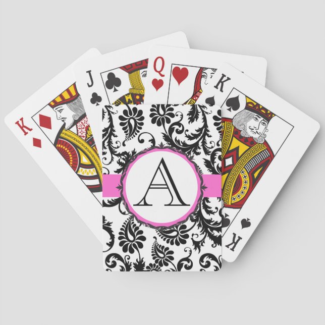 Cartes Carte de jeu Mariage rose monogramme Damask noir (dos)