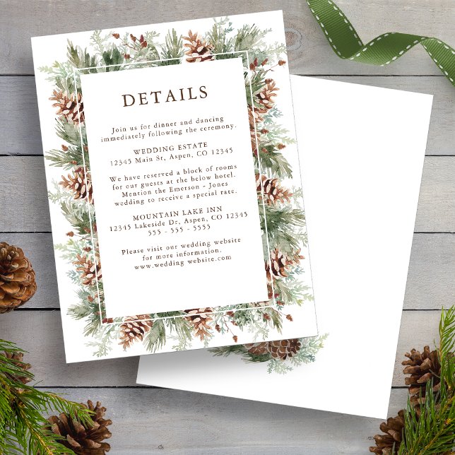 Cartes d'accompagnement de mariage de vacances de  (Winter Greenery Holiday Pine Wedding Enclosure Cards by Painted Paperie
)