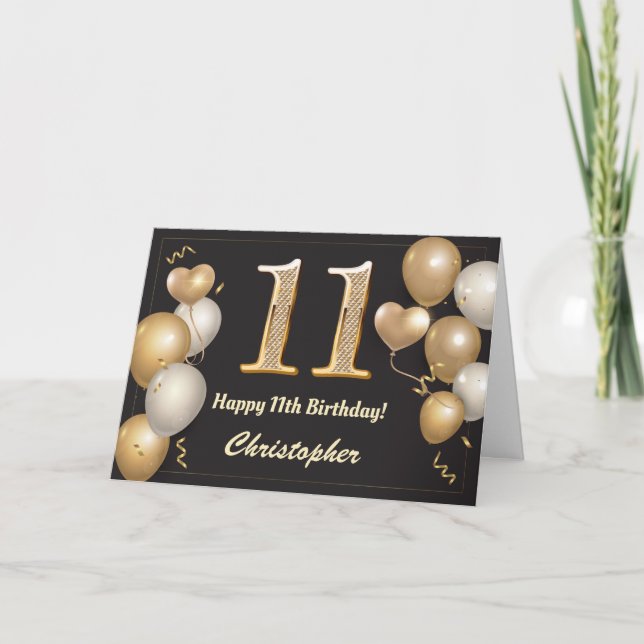 Cartes d'anniversaire 11 ans Ballons noirs et doré (Devant)