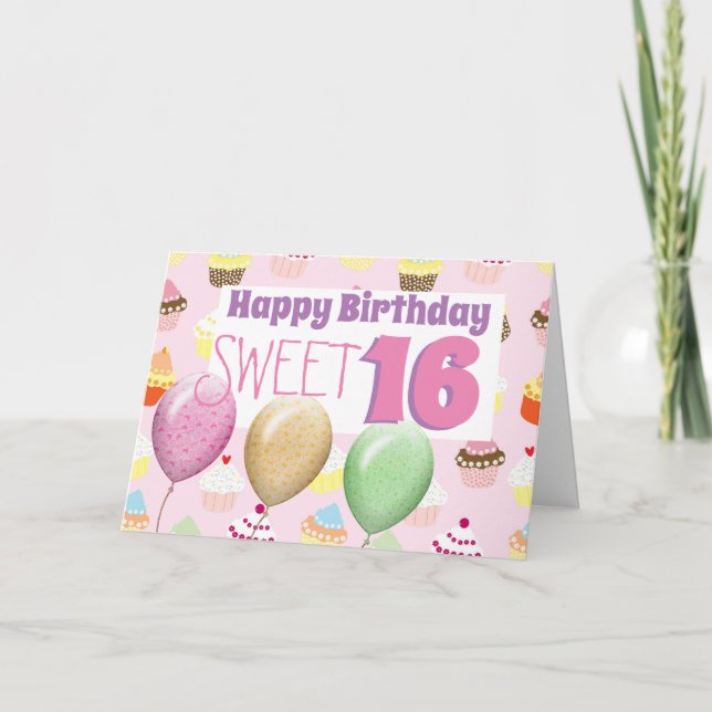Cartes d'anniversaire 16 ans Cupcakes Ballons Swee (Devant)