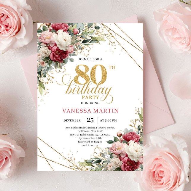 Cartes d'anniversaire 80 ans avec accent or chic r (Red blush roses chic gold accent card 80th birthday invitation

)