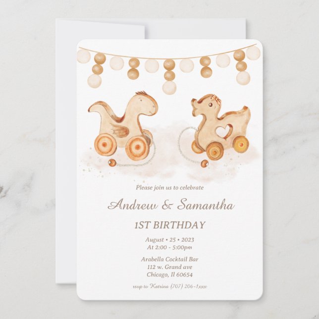 Cartes d'anniversaire Boho pour jumeaux de 1 an (Devant)