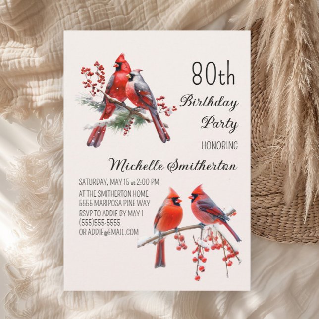 Cartes d'anniversaire Cardinal Hiver Oiseaux 80 an (Red cardinals women's 80th birthday party invitation)
