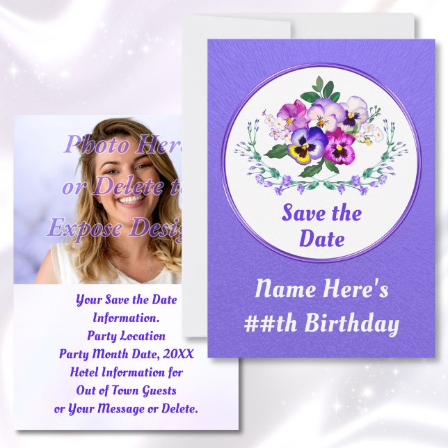 Cartes d'anniversaire, Cartes de réservation de da (Pansy Birthday. Personalized, Save the Dates. Floral Save the Date Cards. Purple Save the Date Cards)