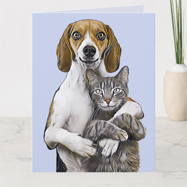 CARTES D'ANNIVERSAIRE CHAT ET CHIEN ART ROMANTIQUE (Devant)