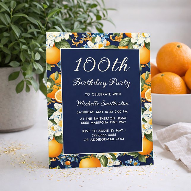 Cartes d'anniversaire oranges fleurs blanches bleu (Oranges on navy blue 100th birthday party invitation)