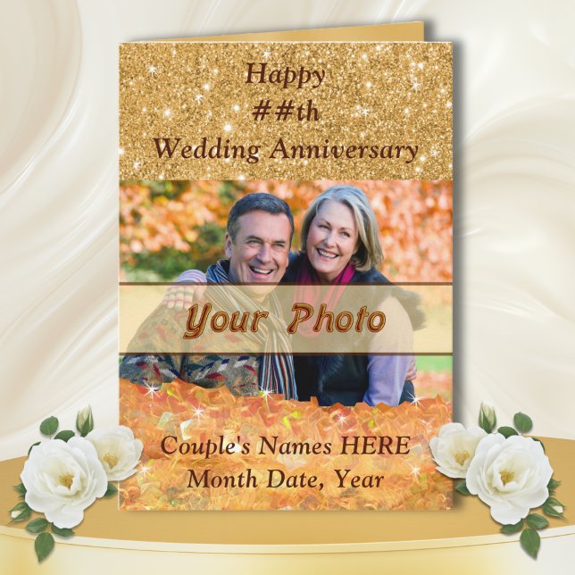 Cartes d'anniversaire personnalisées pour lui et e (50th anniversary photo cards. Picture anniversary cards. Personalised photo anniversary cards. Gold)