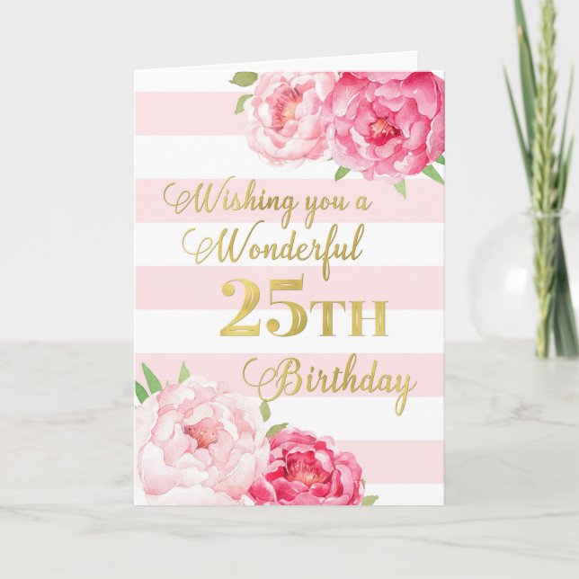 Cartes d'anniversaire rose et fleurs joyeux 25e (Devant)