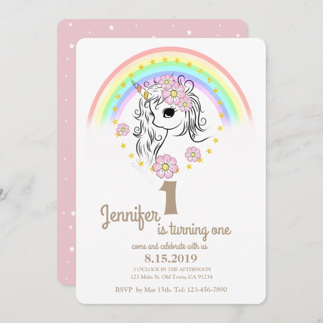 Cartes d'Anniversaire Rose Unicorn RainBow (Devant / Derrière)