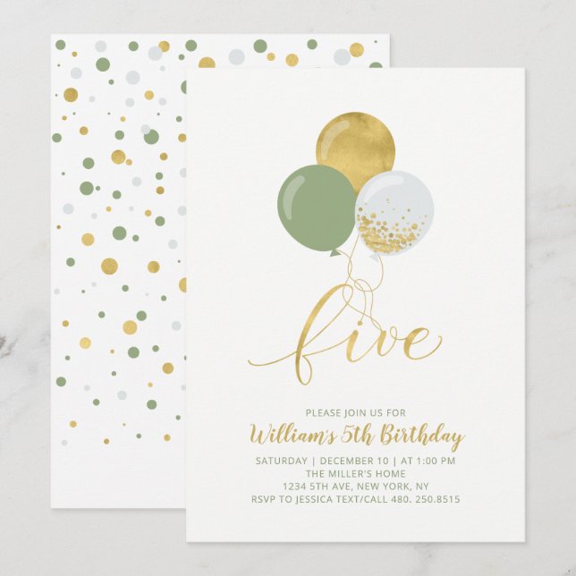 Cartes d'anniversaire Sage & Gold Balloons Five 5  (Devant / Derrière)