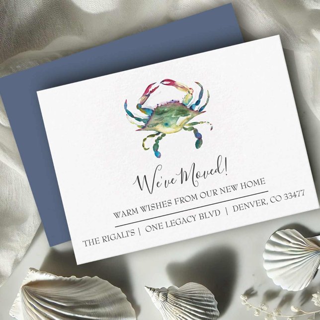 Cartes d'annonce de déménagement à la plage Nouvel (Watercolor crab moving announcement cards by Florida Watercolor Artist Victoria Grigaliunas)