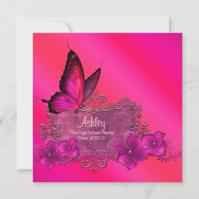Cartes d'annonce de diplôme papillon rose vif (Devant)