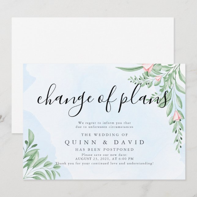 Cartes d'annonce de mariage reporté bleu poussiére (Devant / Derrière)