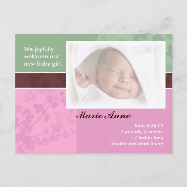 Cartes d'annonce de naissance - bébé fille (Devant)