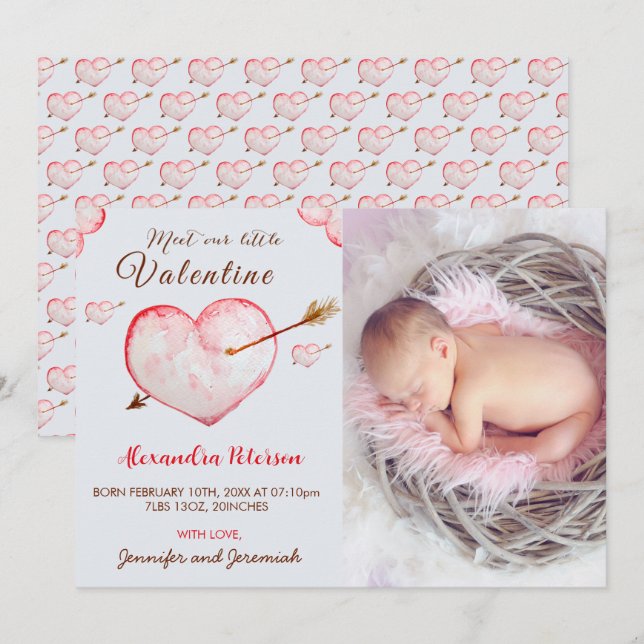 Cartes d'annonce de naissance Saint-Valentin cœur  (Devant / Derrière)