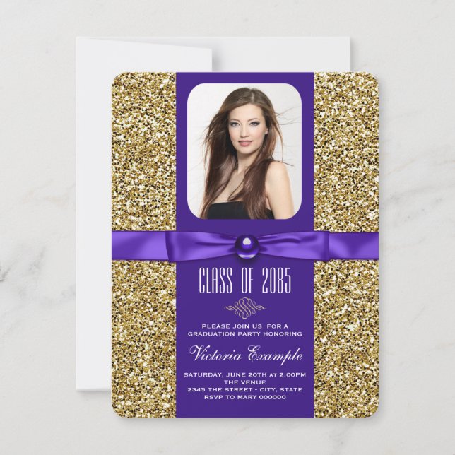 Cartes d'annonce de remise de diplôme violet et or (Devant)