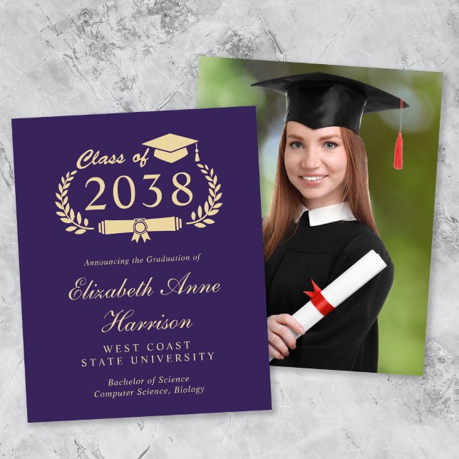 Cartes d'annonce de remise de diplôme Violet Or Bu (An elegant college graduation announcement to celebrate the graduate's achievements)