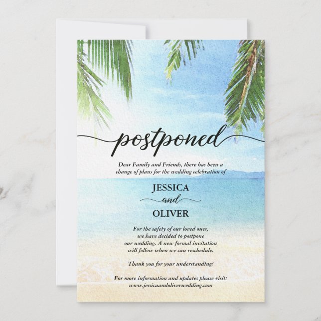 Cartes d'annonce de report de mariage thème plage (Devant)