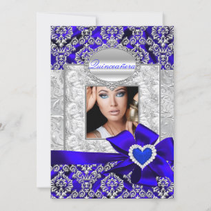 Cartes d'annonce Quinceanera en damas bleu et arge