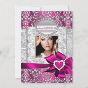 Cartes d'annonce Quinceanera en Damassé Rose & Arg