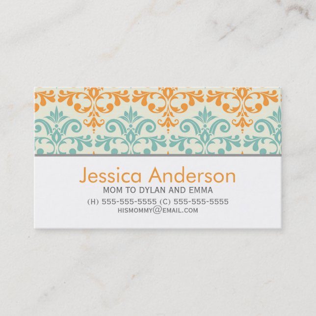 Cartes d'appel de modèles Aqua et Orange Damask (Devant)
