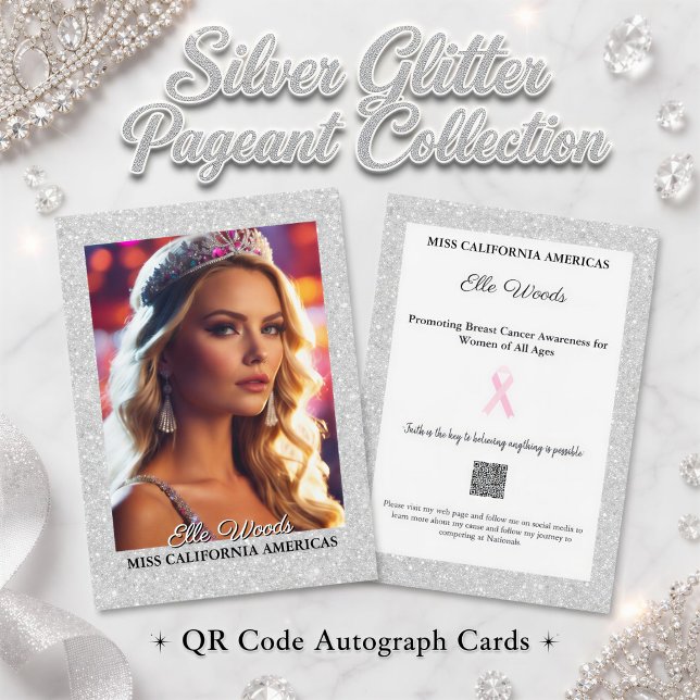 Cartes d'autographe de concours de beauté Glitter  (Promote your platform, create a keepsake of your reign, with silver glitter pageant autograph cards )