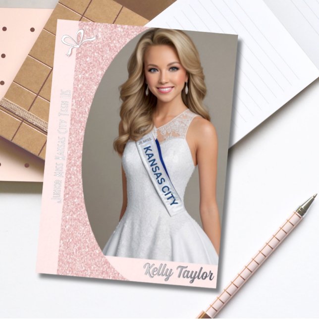 Cartes d'autographe en feuille de métal Glitz Rose (Custom Pageant Autograph Card with Real Foil Embossing on the Front and Rose Gold Glitter background)