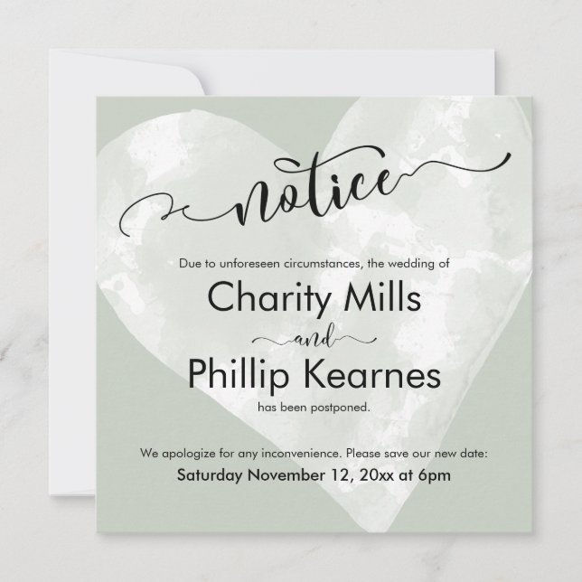 Cartes d'avis Mariage reportées Heart on Sage Gree (Devant)