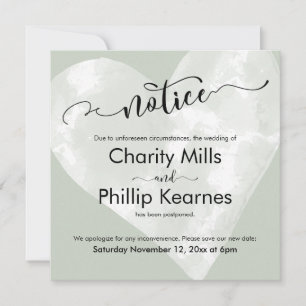 Cartes d'avis Mariage reportées Heart on Sage Gree