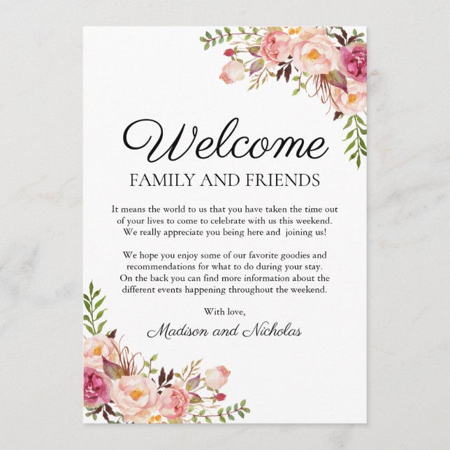 Cartes de bienvenue de l'hôtel Mariage rose rustiq (Devant)