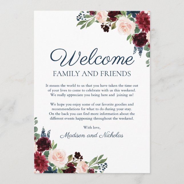Cartes de bienvenue pour mariage hôtelier Floral N (Devant)