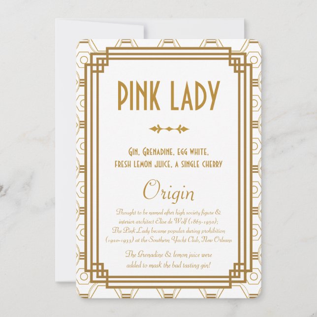 Cartes de Boisson de Mariage Art Déco Blanc (Devant)